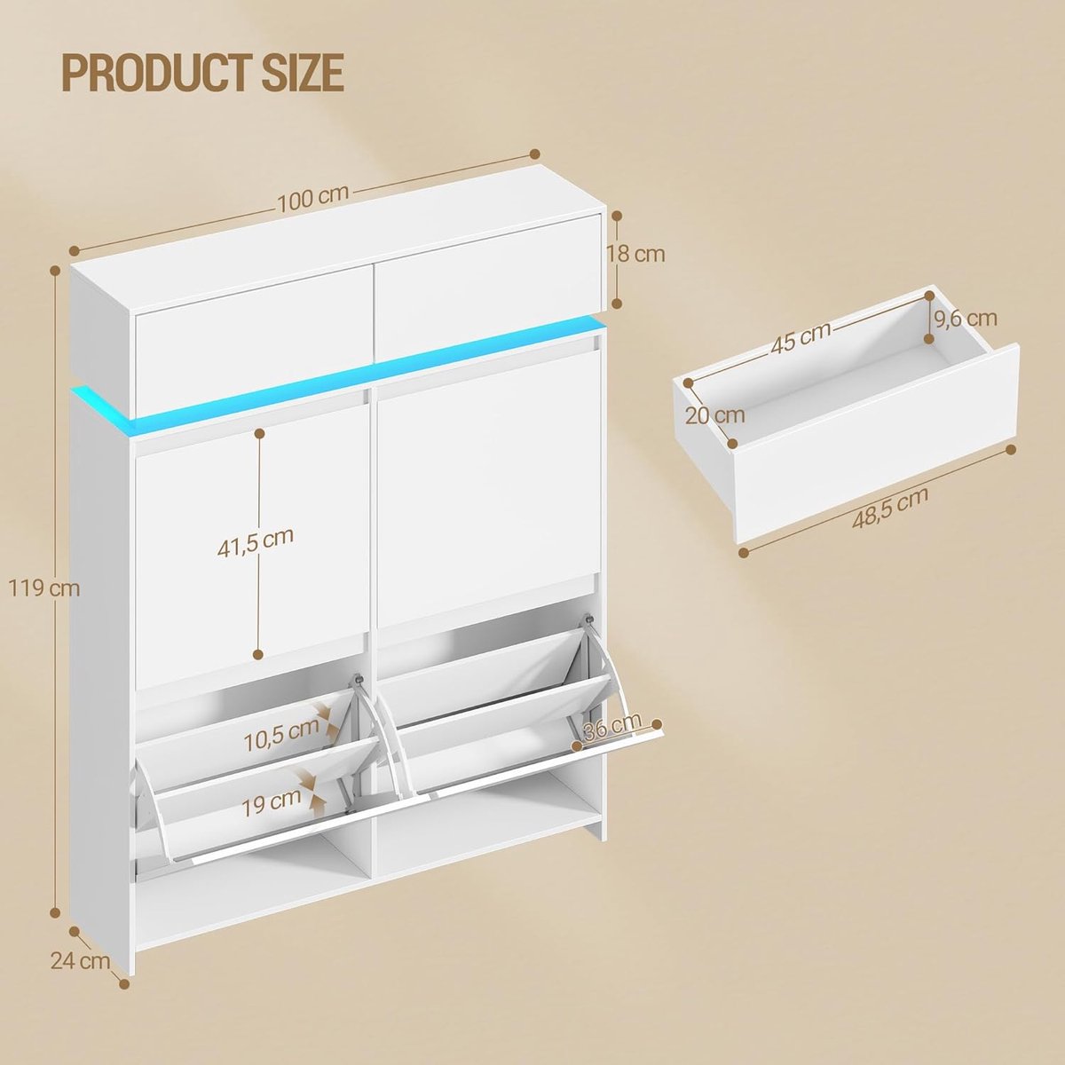 Schoenenkast met LED verlichting – House&Garden Smalle Schoenenkast 100 cm – 4 Klapdeuren & Verstelbare Planken – Moderne Schoenen Opbergkast Hal & Entree – Wit Schoenenrek voor 16-20 Paar