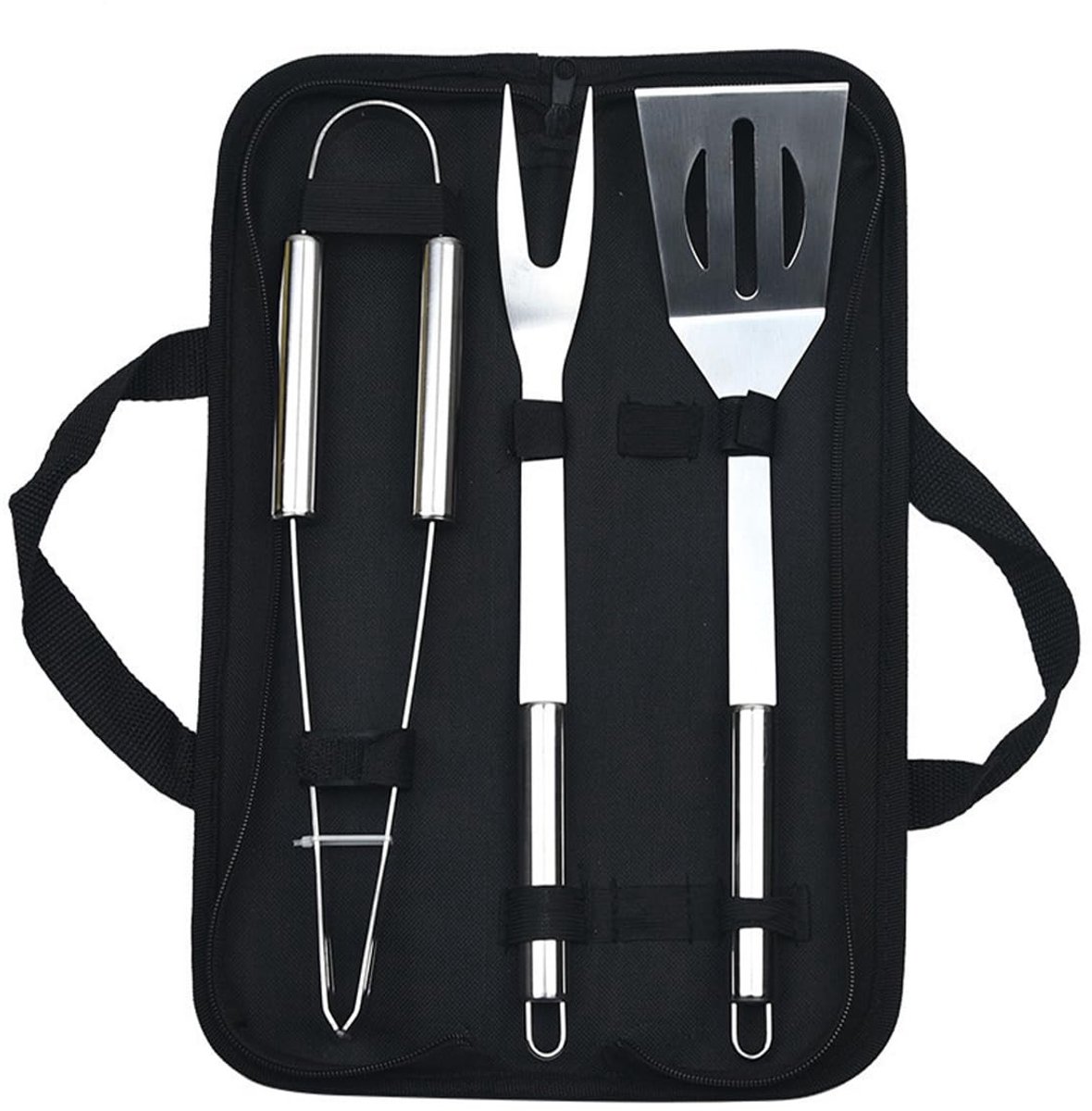 BRENZOOS- Barbecuegereedschap 3-delige Set - Roestvrij Staal - Draagtas - Veilig Gebruik - Gemakkelijk Schoon te Maken - Antislip Handvat - Barbecueset