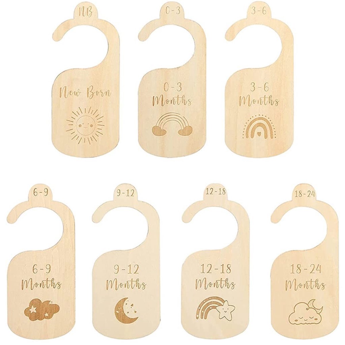 JHUBERS- Maatscheiders 7 Stuks - Maatverdelers Kledingstang - Houten Baby Kastscheidingswanden - Organiser voor Baby- en Meisjeskleding - Geschikt tot 24 Maanden - Hoogwaardig Materiaal - Kledingmaatverdelers