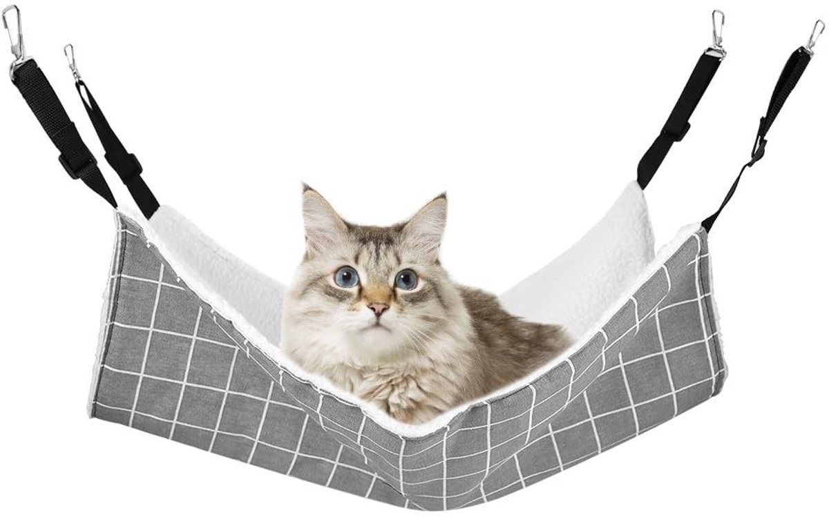 JHUBERS- Hangmat Dubbellaags - Hangmat voor Katten - Hangbed voor Kleine Dieren - Verstelbare Riemen - Zacht Lamsfleece - Krasbestendig Zeildoek - Dierenbed