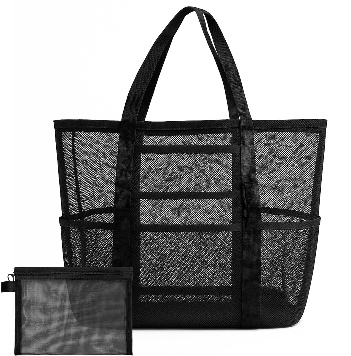 BRENZOOS- Strandtas XXL - Strandtas met rits - Familie tas - Grote bad tas - Zwemtas - Opberg tas - Mesh zak