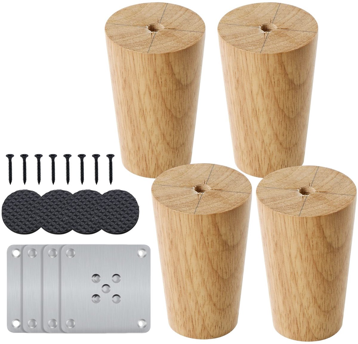 JHUBERS- Meubelpoot 4-delige set - Massief Hout - Taps Toelopend - 8 cm Hoog - Inclusief Montageplaat - Draagvermogen 100 kg - Tafelpoten