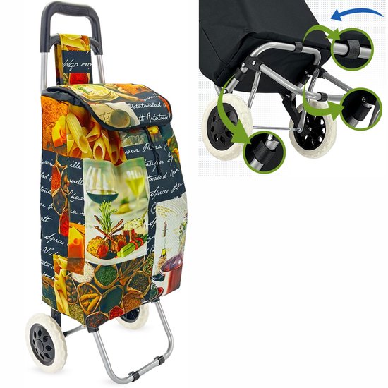 Dreamble® - Opvouwbare Boodschappentrolley - 46 Liter - Extra Stabiel dankzij 5 Bevestigingspunten - Kleurrijk Design met Eten Print