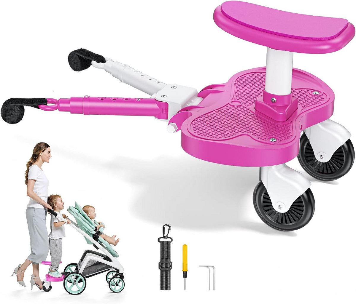 Meerijdplank Kinderwagen - Buggy plank - Reizen met kinderen - Universeel en verstelbaar - Tot 25 kg - Roze