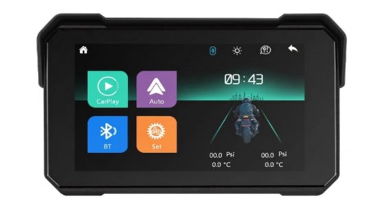 Motorfiets navigatiesysteem met CarPlay, Auto, BT en instellingen. Toont bandenspanning en temperatuur.