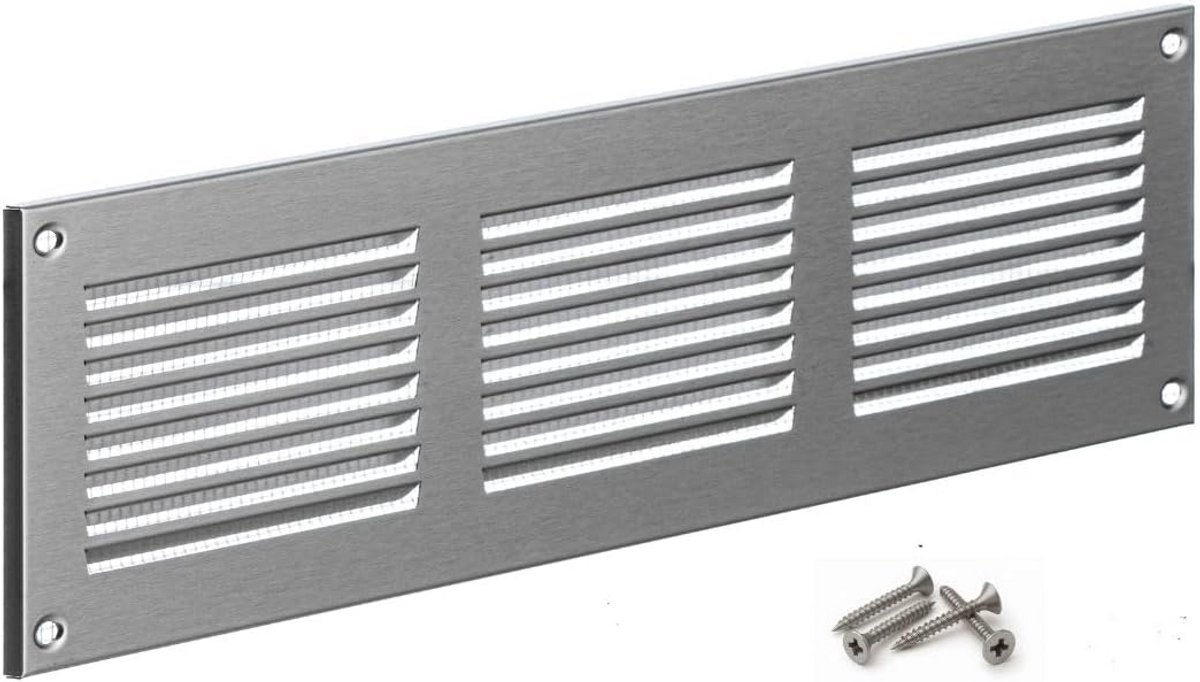 Ventilatie rooster - Luchtuitlaat metaal - Luchtcirculatie verbeteren - Geïntegreerd insectenwering - 300 x 100 mm - RVS