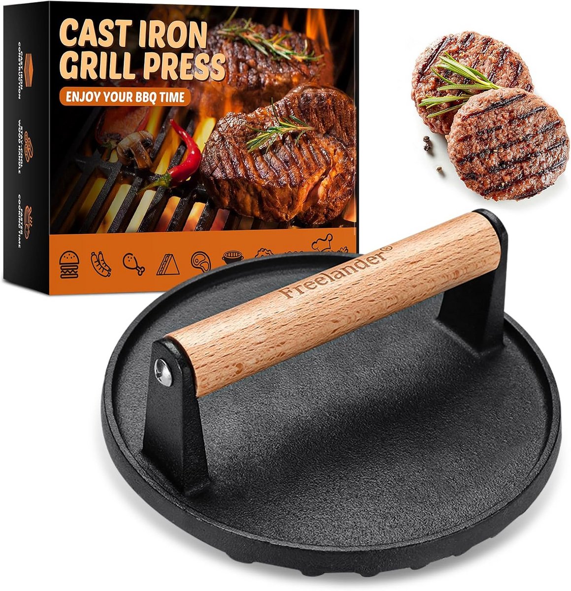 Gietijzeren Pers Burger Smasher Vlees Grillen Hittebestendig Handvat 1 kg Zwart
