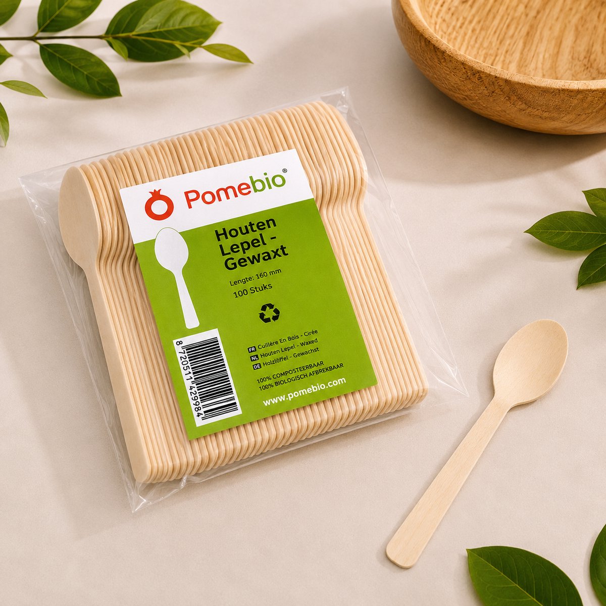 PomeBio houten lepels - 160 mm - gewaxt - 100 stuks