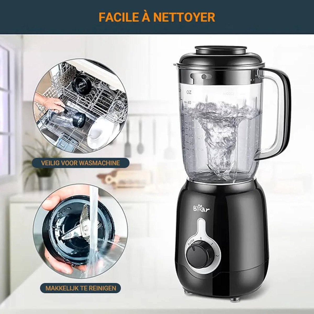 Bear tafelblender LLJ-B12K1 - 1,2 L, 500 W, 2 snelheden + pulsfunctie, 4 roestvrijstalen messen
