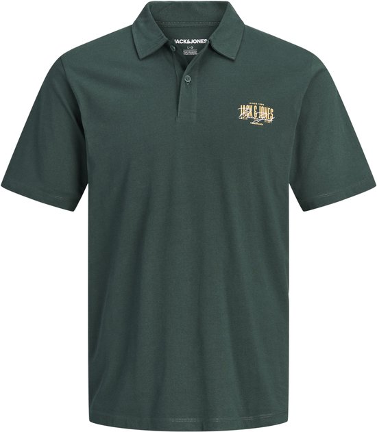 Donkergroen Jack & Jones poloshirt met korte mouwen en een opdruk op de borst.