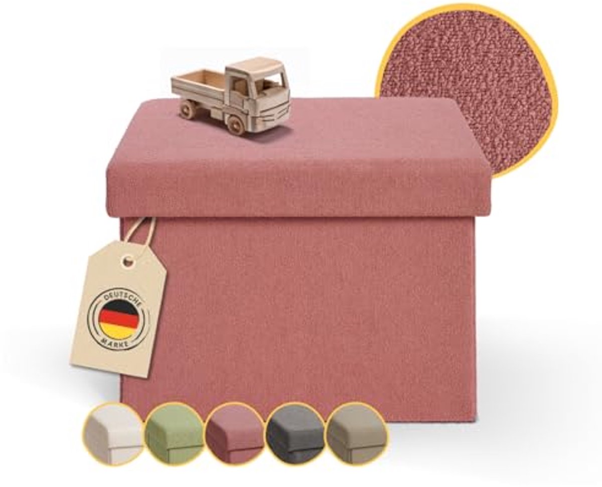 Opbergbank met opbergruimte - Zitkruk poef - Kinderkamer organiseren - Zachte teddy fleece bekleding - 41x31cm - Koraal