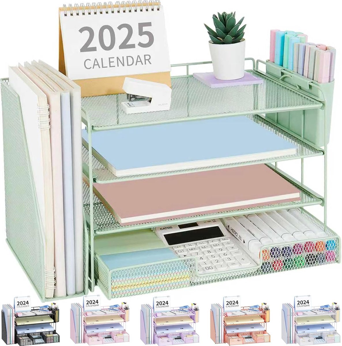 Bureau organizer - Kantoor opberger - Werkruimte ordenen - Met lade en pennenbakjes - 4 niveaus - Groen