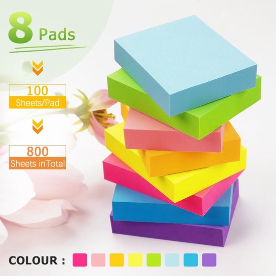 Stapel van 8 memoblaadjes met 100 vel per blokje. Kleuren: fuchsia, roze, oranje, geel, limegroen, cyaan, lichtblauw, paars.