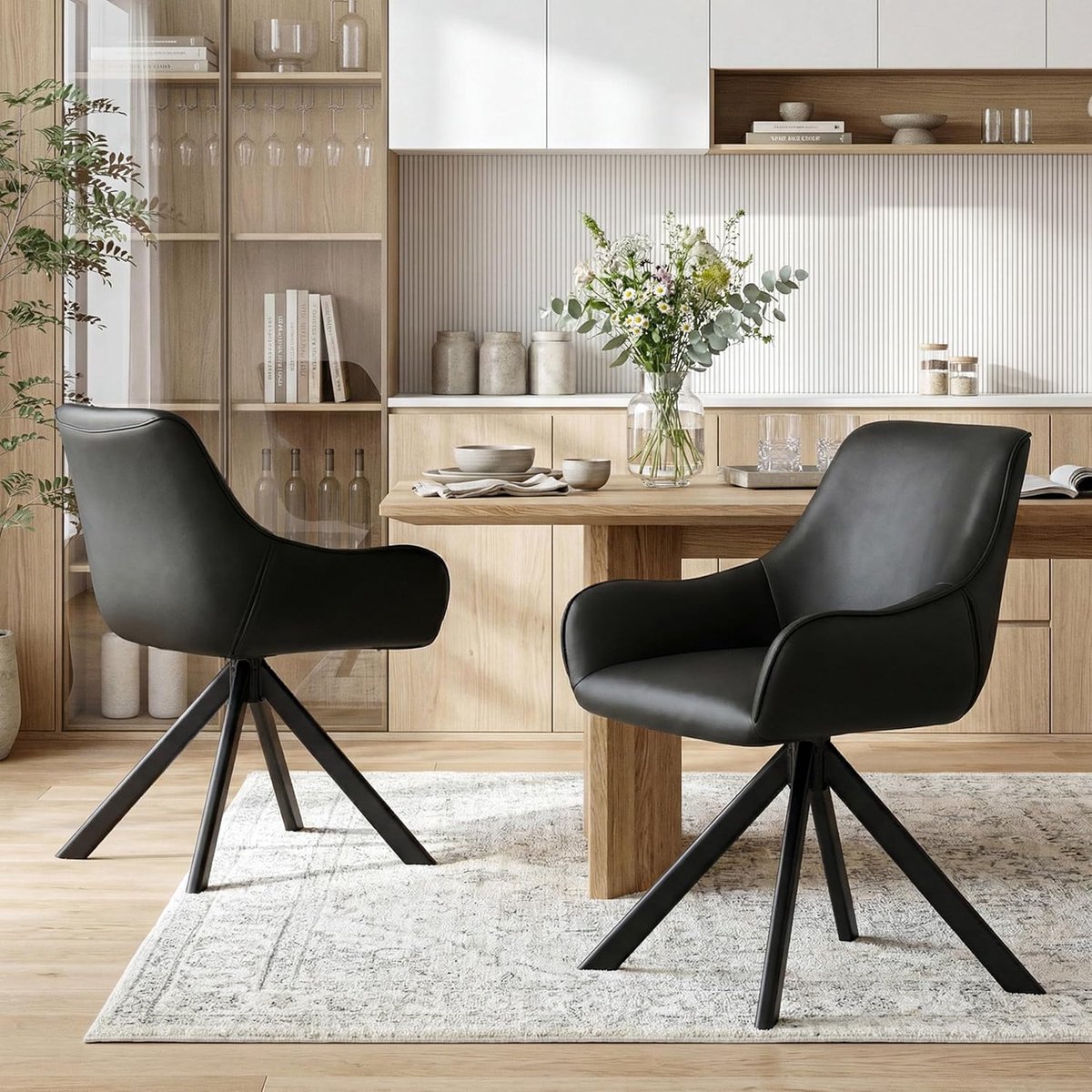 Draaibare eetkamerstoelen set van 6 met armleuningen – 360° draaibaar, gestoffeerd PU-leer, ergonomisch design, metalen frame, binnenvering comfort, keukenstoel moderne stijl – 62 x 57 x 82 cm – Mobili Bella