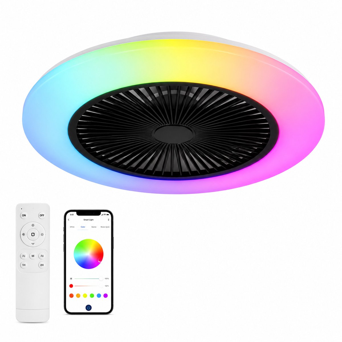 DIMICO - Ventilator - Plafondventilator + Verlichting 50W – RGB LED Plafondlamp met Bluetooth Speaker, Afstandsbediening – Ø50 cm