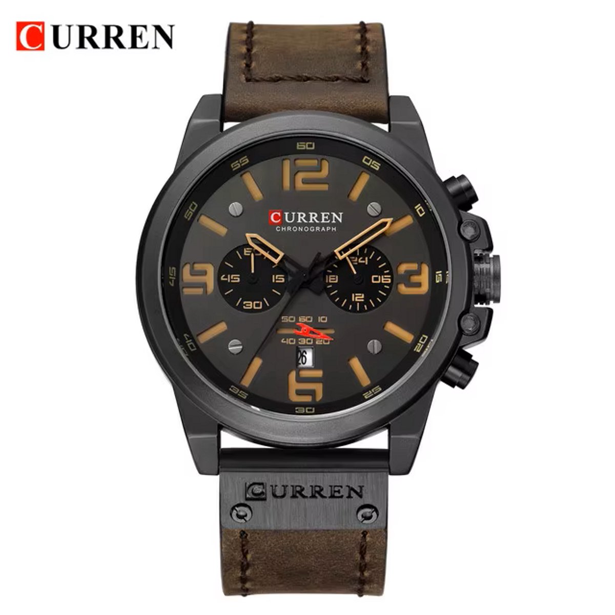 Heren horloge met analoge goed leesbare uurwerk en chronograaf met donker bruine leren band.