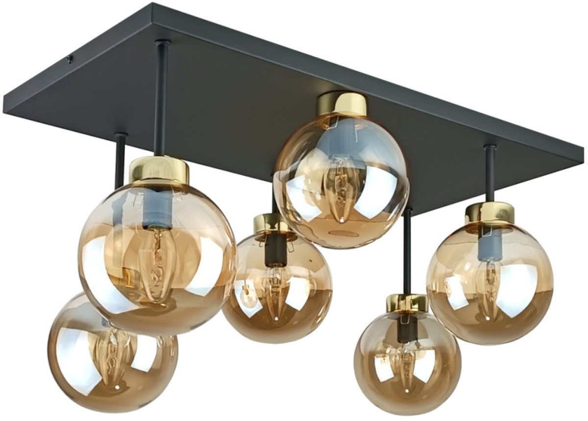 KETER LIGHTING Dea Gold Honey Plafondlamp 6xE27 – Zwart/Goud Metaal & Amber Glazen Lampenkappen