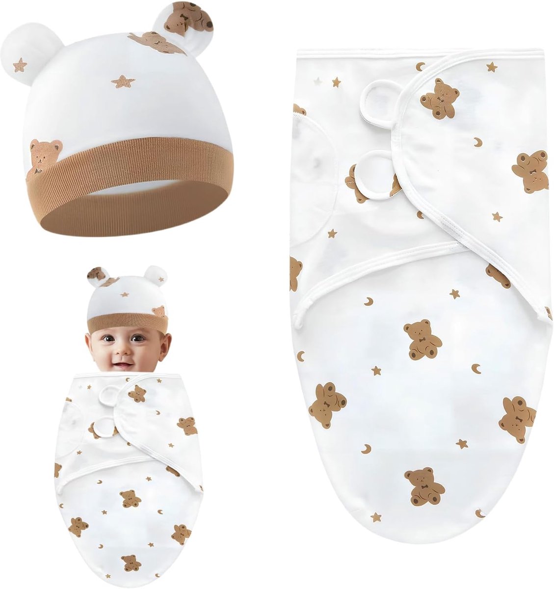 Baby Wikkeldeken - Inbakerdoek Slaapzak - Baby Slaapcomfort - Huidvriendelijk Katoen - 73 x 50 cm - Bruine Beer