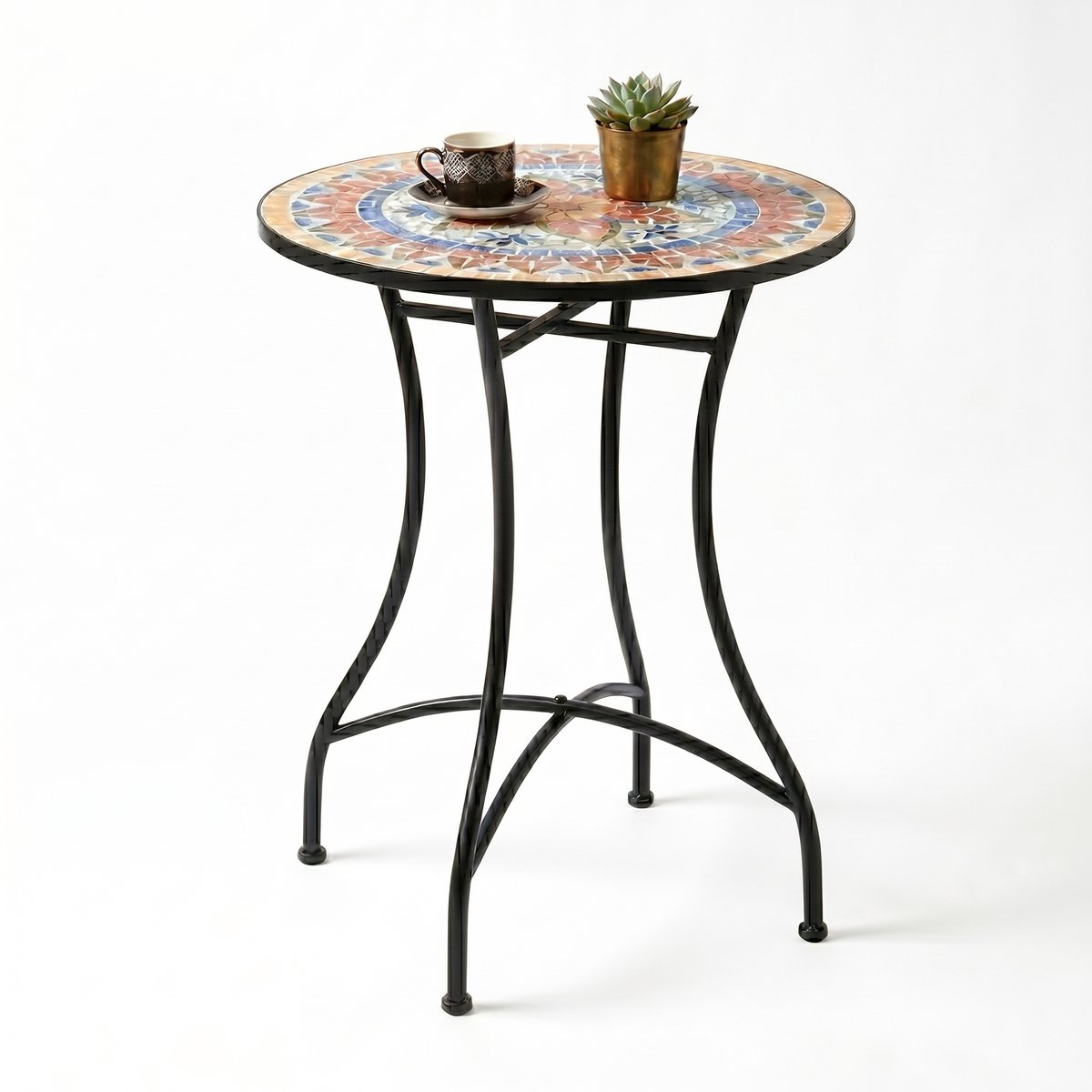 Aiverig® Tuintafel Rond Mozaïek – Bistrotafel & Bijzettafel Buiten – Mozaïektafel met Keramische Tegels – Voor Tuin, Terras & Balkon – Stabiel Metalen Frame – Rood Blauw Wit – Ø60×71 CM