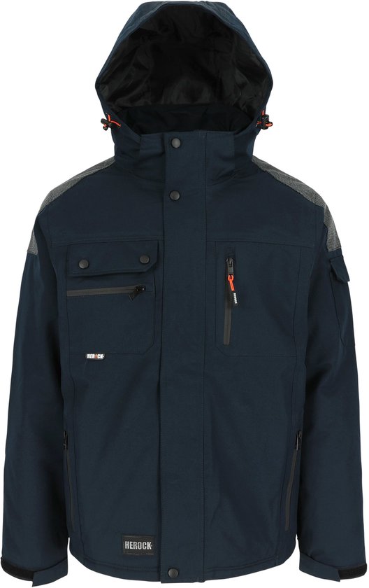 Donkerblauwe Herock werkjas met capuchon, drukknopen, oranje ritsdetails, cargozakken en grijze gebreide schouderdetails.