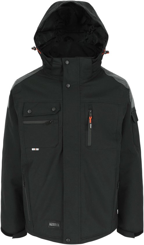 Zwarte Herock werkjas, achterkant, met capuchon, oranje ritsdetails, cargozakken en grijze gebreide schouderdetails.