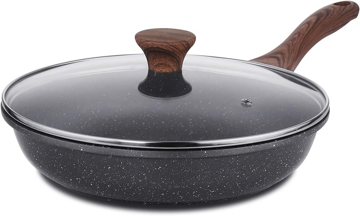 Antiaanbakpan met Deksel - Omeletpan Graniet - Eten Bakken - Zwitserse Granietcoating - 28 Centimeter - Zwart