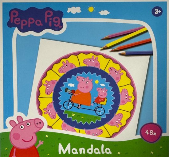 Page de coloriage mandala Peppa Pig avec Peppa sur un scooter, entourée de petites Peppa.