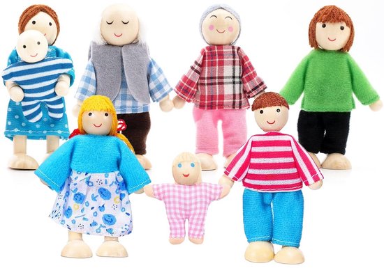 Zeven houten poppen: man, vrouw, 2 kinderen en 3 baby's in diverse kleding en kleuren.
