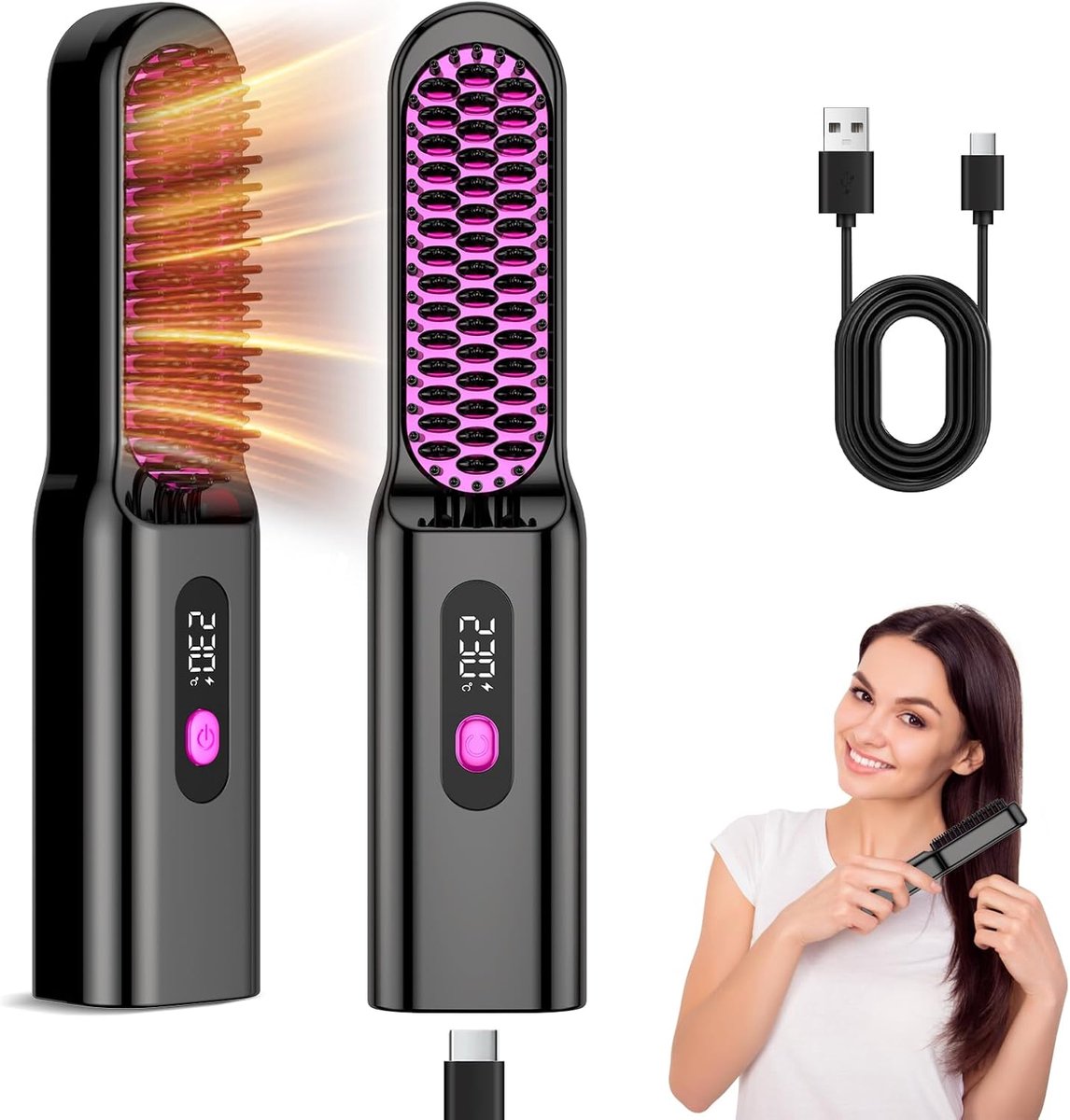 Stijltangborstel Draadloos - Verwarmingsborstel Mini - Haar Stylen - Negatieve Ionen - 9600mAh Batterij - Zwart