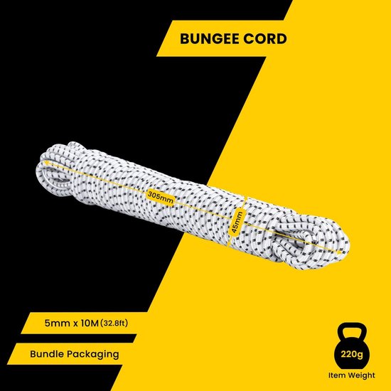 Rubberen Touw - Elastisch Koord - Vastzetten Buiten - 100% Rekbaarheid - 5mm x 10m - Wit Zwart — afbeelding 2