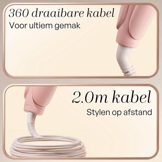 Roze Sansbeauté haarstyler met een wit snoer dat 360 graden kan draaien.