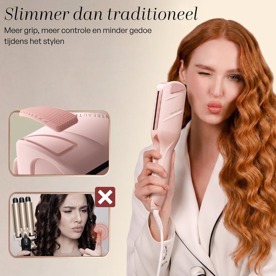 Vrouw met golvend rood haar poseert met roze Sansbeauté haarstyler. Links: details van de styler.