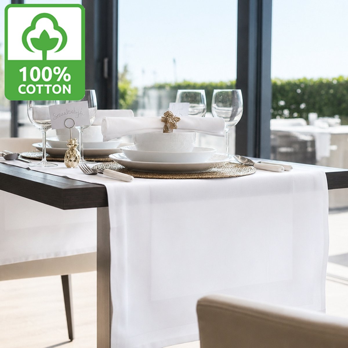 Tafelloper met Servetten - Katoen - Damast - Horeca Line Textiel - Wit