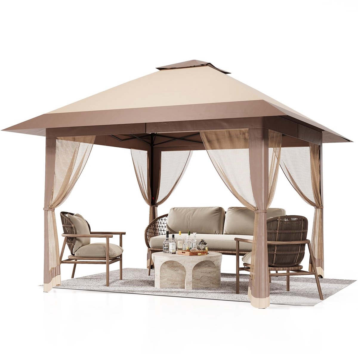Triumpunpre Partytent 4x4m - Opvouwbaar Paviljoen - Easy Up - Met Muggennet - Tuinpaviljoen - Inclusief Draagtas - Waterafstotend - Kaki & Koffie
