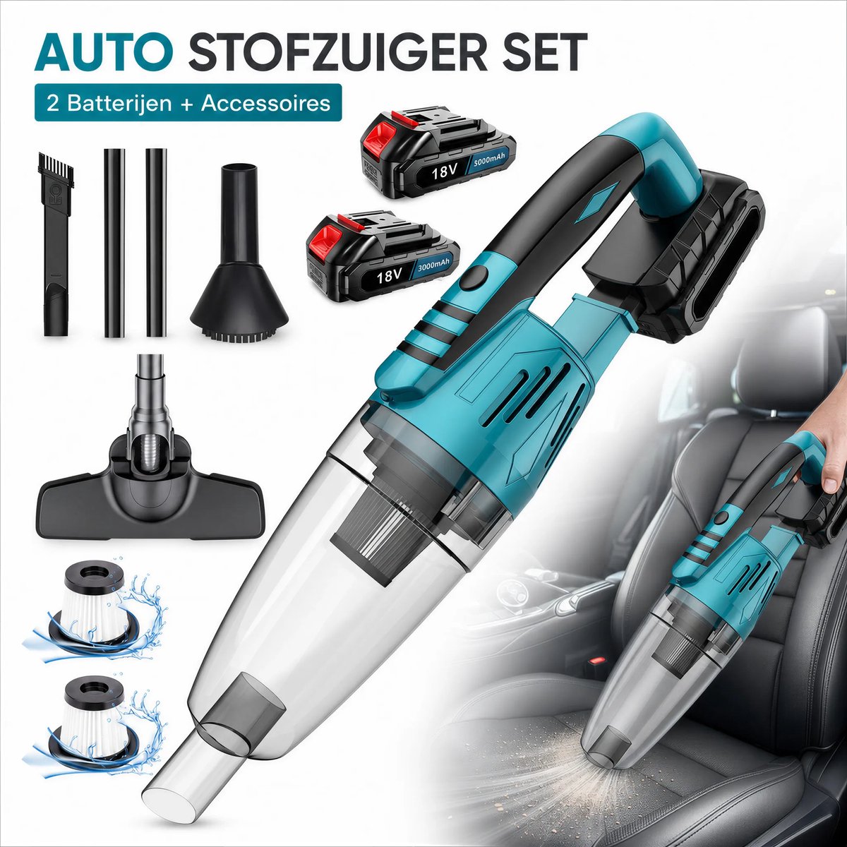 Draadloze Autostofzuiger / Accu Handstofzuiger – 18V 3000mAh (2x accu + lader) – Met ronde & platte borstelkop, vloermondstuk, verlengbuizen & 3 HEPA-filters – Voor auto, caravan, trap & meubels