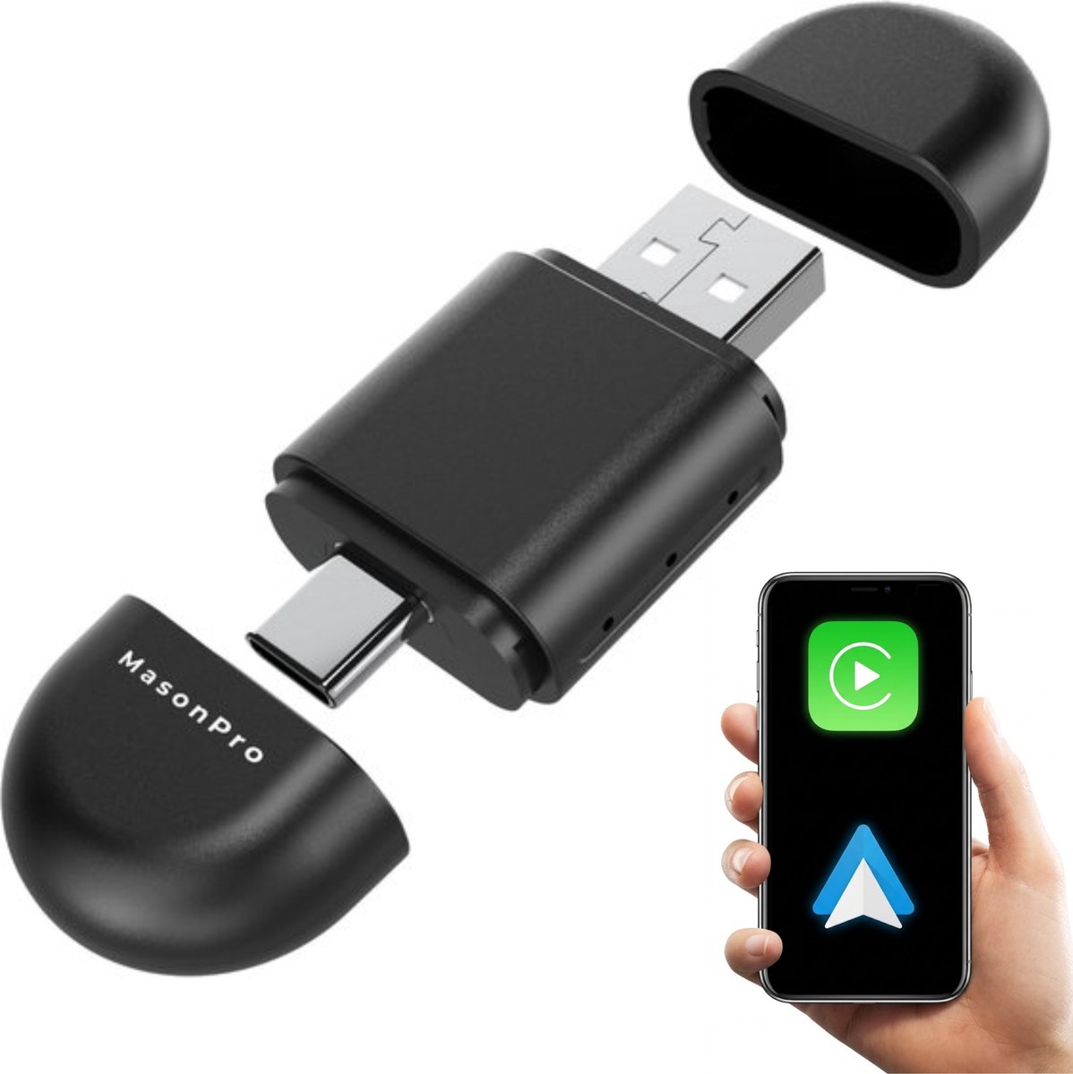 MasonPro 2-in-1 Dongle – Geschikt voor Apple Carplay & Android Auto – Navigatiesysteem – USB-C – Zwart