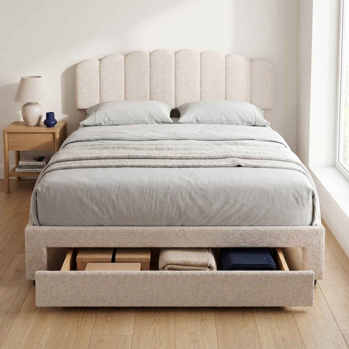 Gestoffeerd Tweepersoonsbed 160x200 cm - Opbergbed met lade en USB-poorten - Bloemblad hoofdbord en Lattenbodem - Teddy stof - Beige