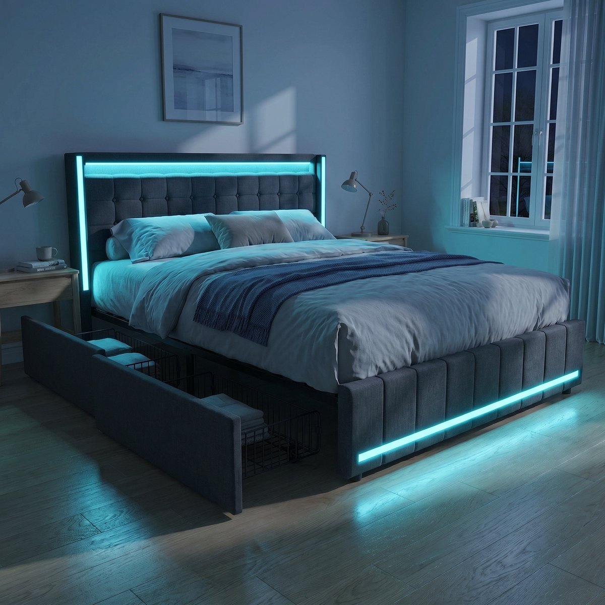 Opbergbed 140x200 cm met 4 lades en Lattenbodem - Gestoffeerd Tweepersoonsbed met USB en RGB LED - Linnen - Modern - Grijs