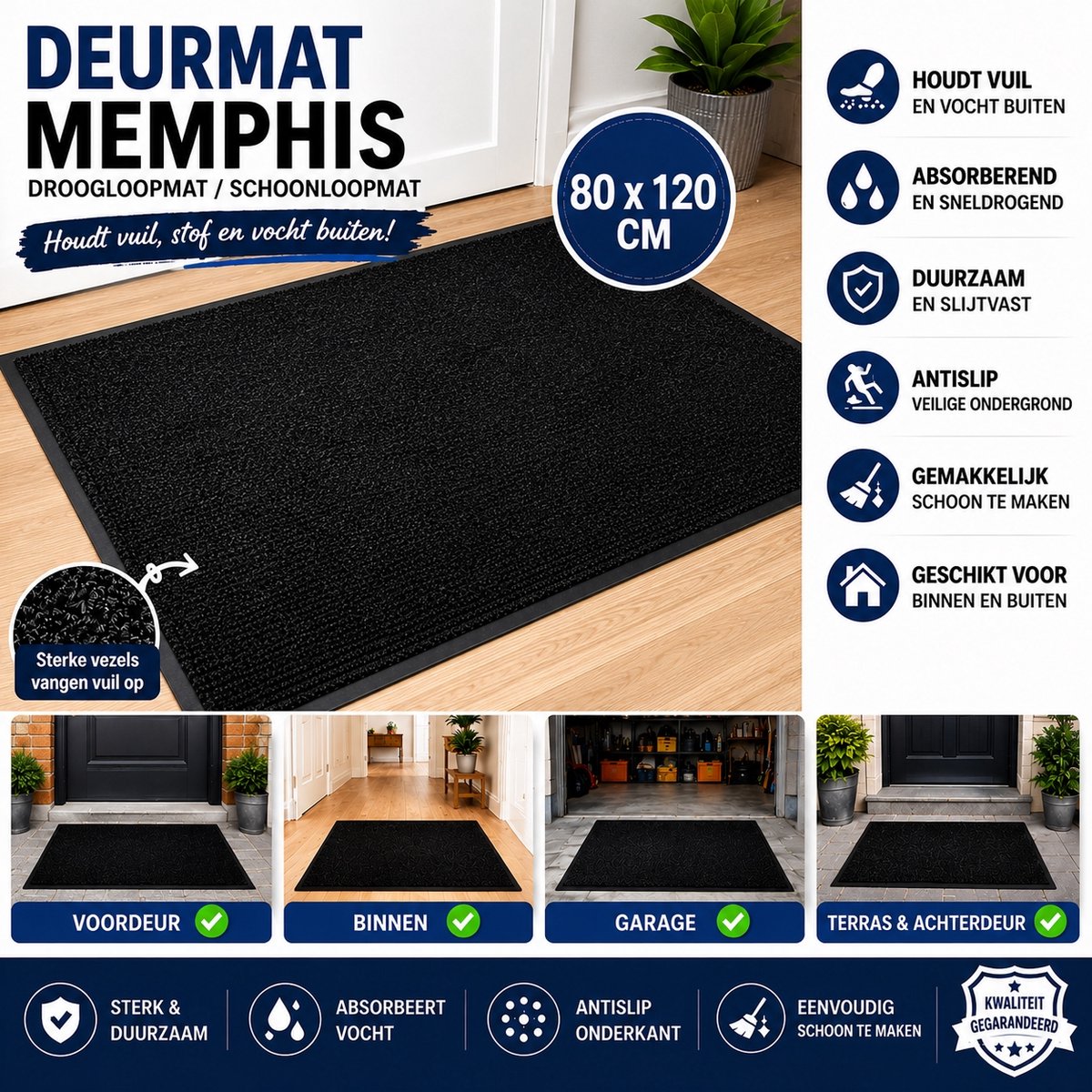 Wicotex - Deurmat - Droogloopmat Memphis Zwart - Afmeting 80x120cm