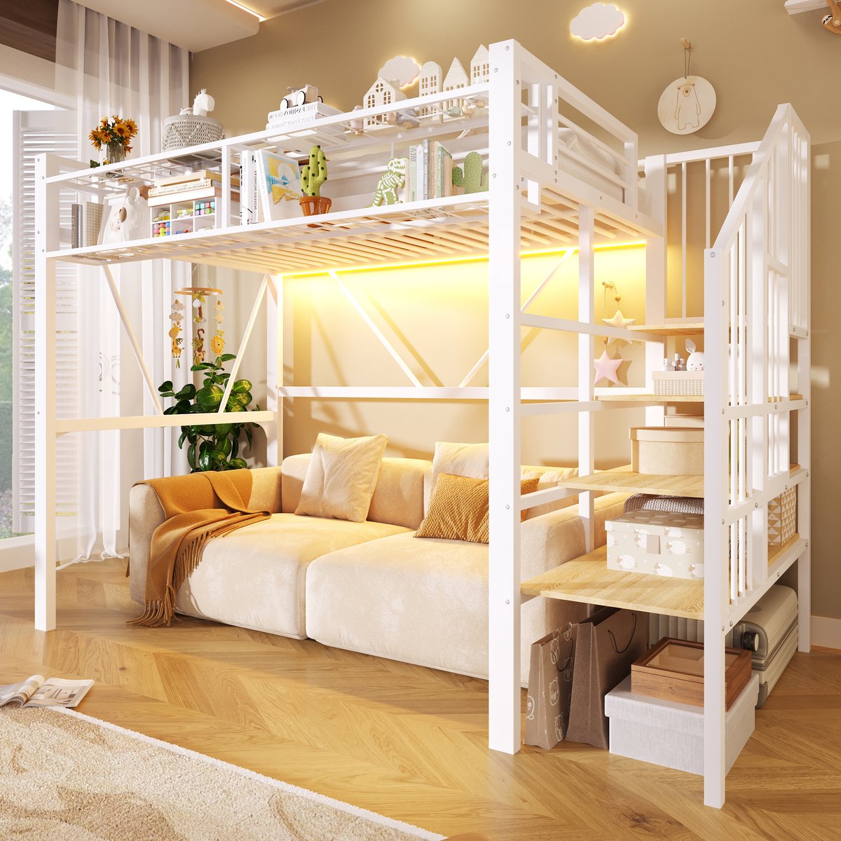 Hoogslaper 90 x 200 cm, Metalen Bed, Opstapje, Gaaselementen, Opbergmand, Open Opbergruimte Onder het Bed, met Led-lichtstrip, Kinderbed Exclusief Matras-Wit