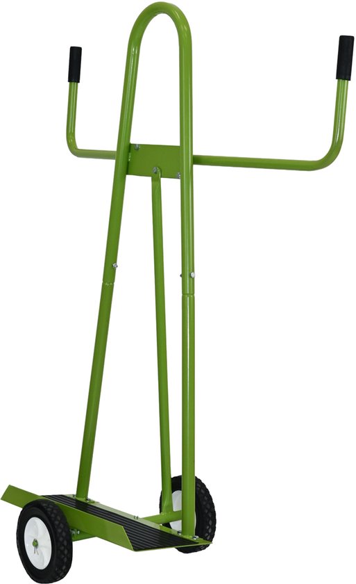 Groene steekwagen met een gebogen handvat en twee wielen.