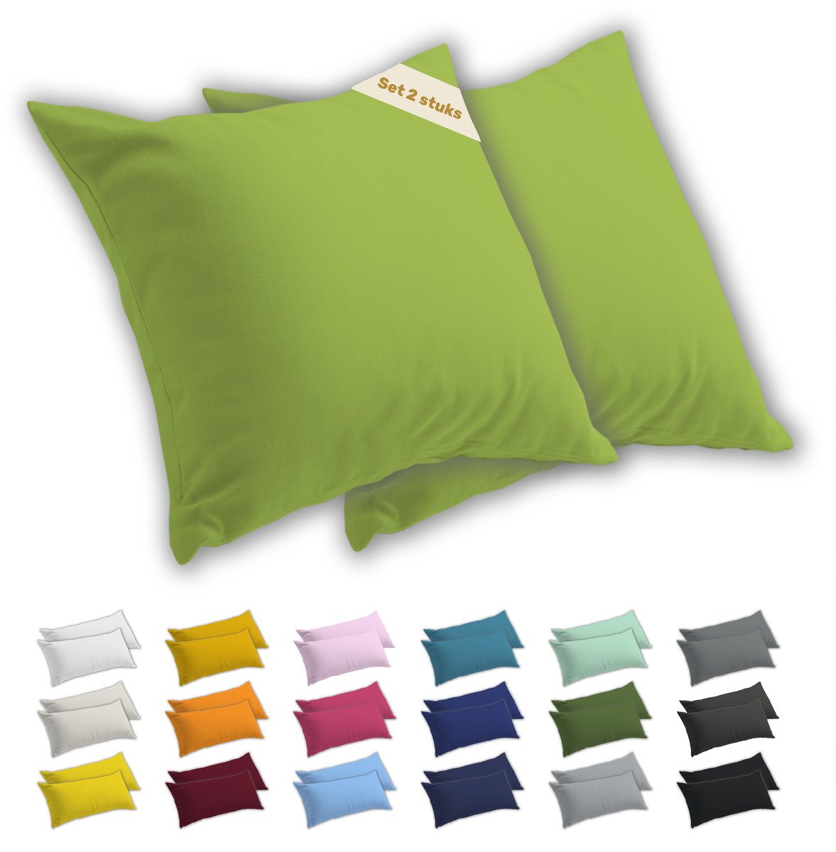 Lavea® Kussenslopen 80x80 cm Set van 2 – Kussenhoezen van 100% Zachte en Ademende Jersey Katoen met YKK Ritssluiting – Appelgroen