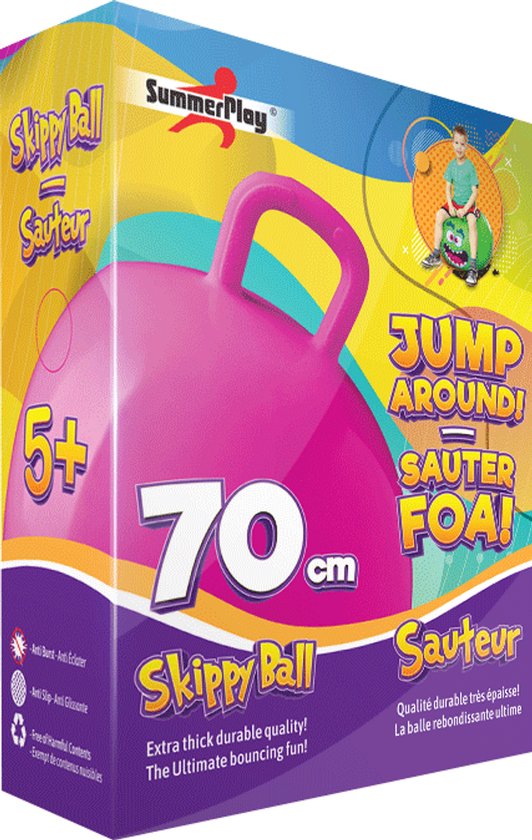 Doos met roze skippybal, 70 cm. Tekst: Skippy Ball, Sauter, 5+, JUMP AROUND!