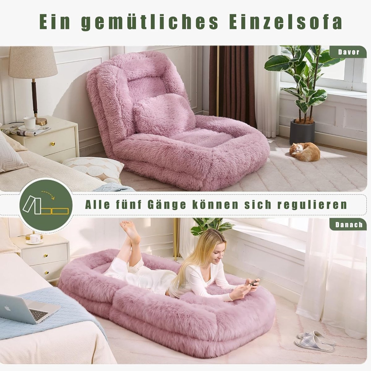 Ultra Comfort 5-Standen Verstelbare Bodemfauteuil Pluche Gaming & Relax Stoel Pink – Meditatie Lounge Fauteuil / Slaapbank / Huisdier Sofa 102×89×88 cm (uitgeklapt 175×89×42 cm) tot 136 kg – Mobili Bella