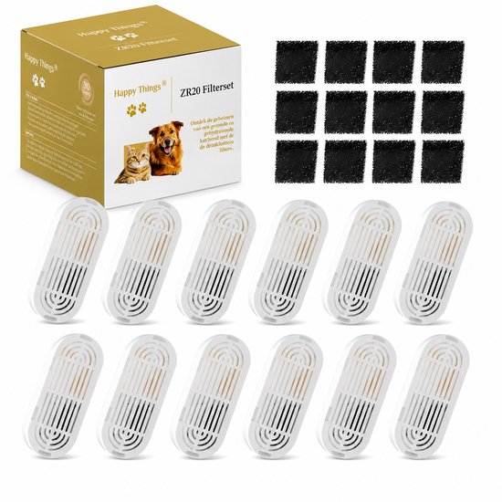 Doos met Happy Things ZR20 filterset met 12 filters en 12 filtersponsjes, inclusief kat en hond.