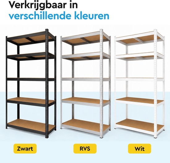 Zwarte, zilverkleurige (RVS) en witte stellingkasten naast elkaar.