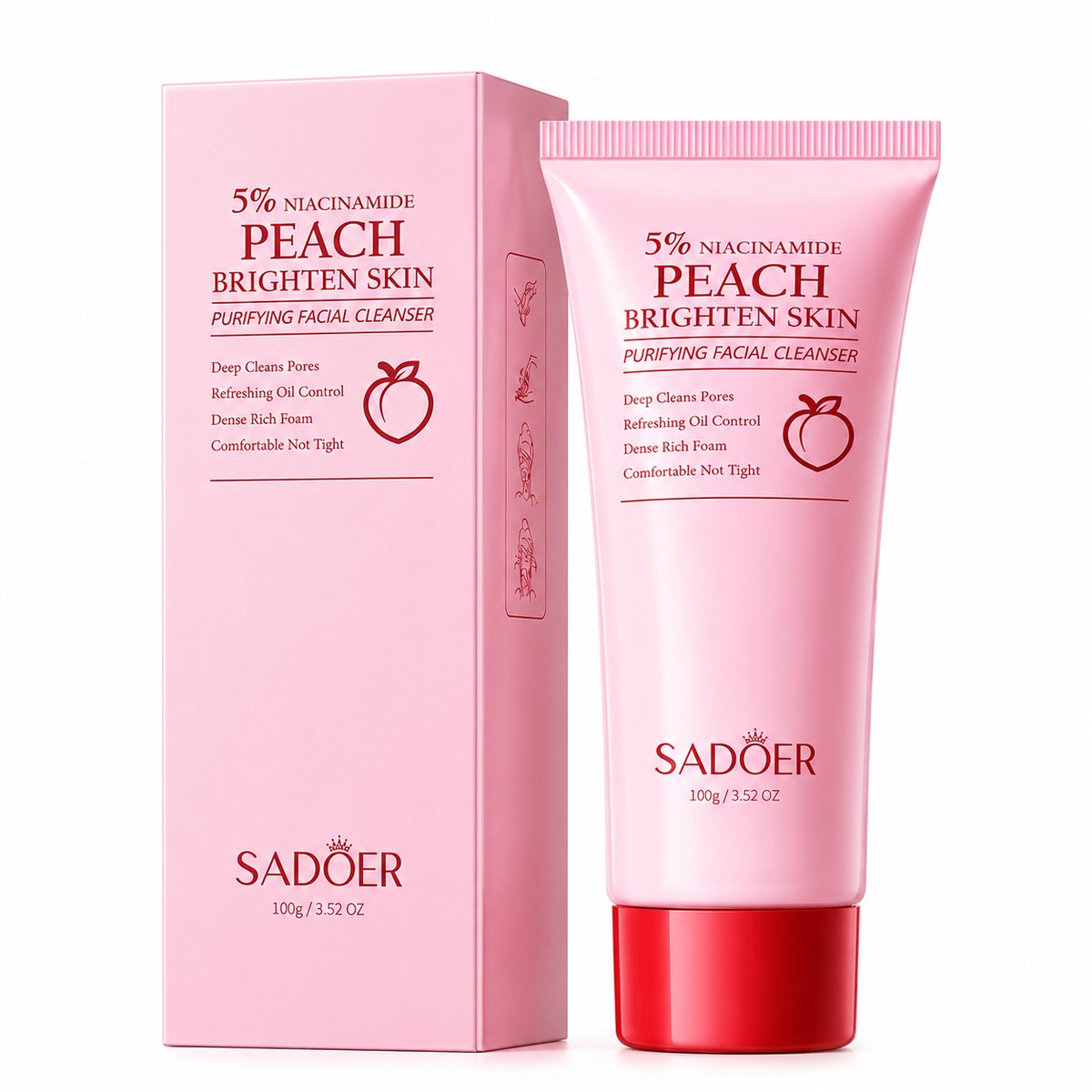 SADOER Gezichtsreiniger | Niacinamide Cleanser | Peach Facial Cleanser | Reinigingsschuim | Face Wash | Diepe Reiniging | Poriën Verkleinen | Olie Controle | Hydraterend | Gezichtsverzorging | Acne Huid | Vette Huid | Droge Huid | Glow Skin