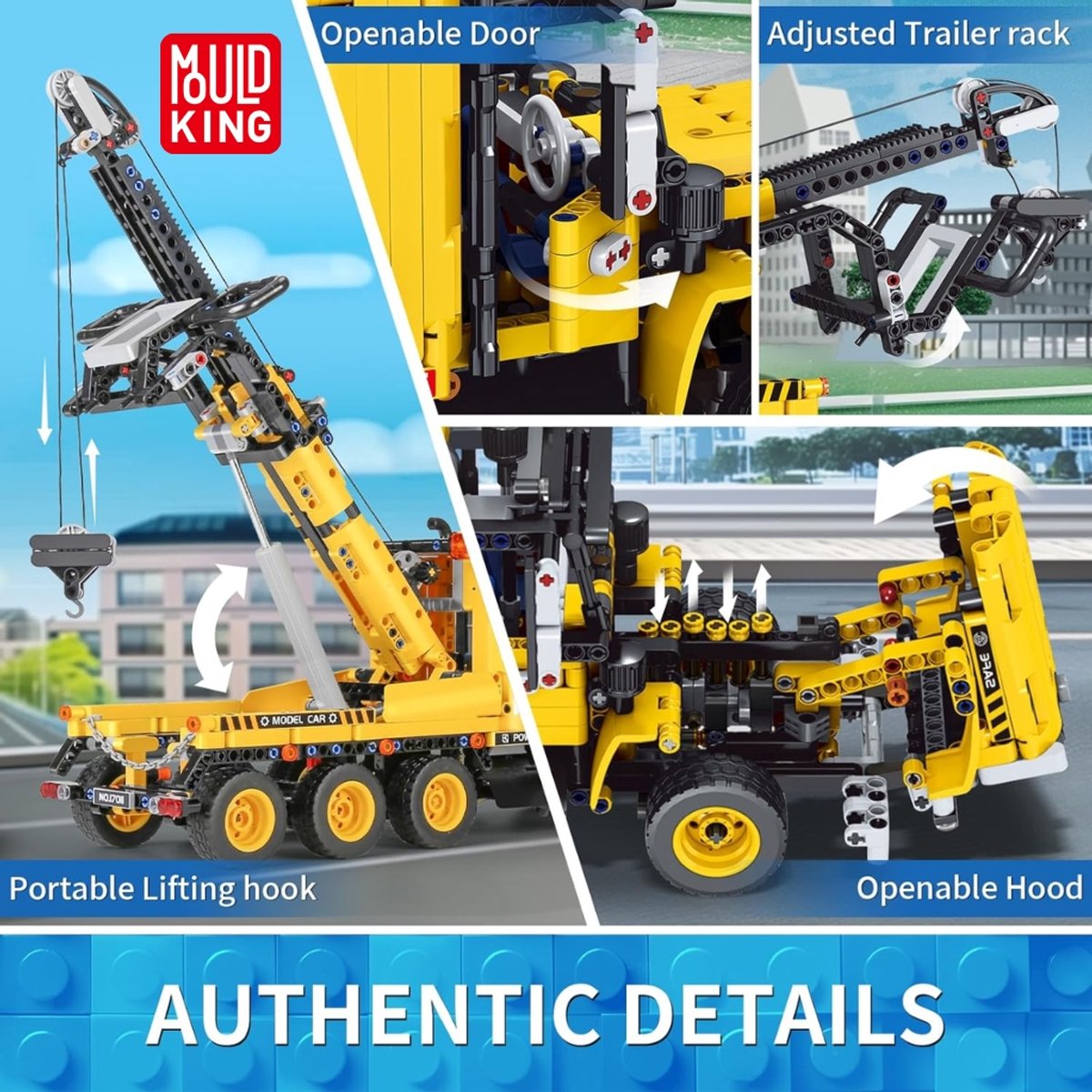 Mould king 17011 Technisch sleepwagen bouwset | Hijskraan auto modelbouw | Educatief constructie speelgoed bouwpakketten voor kinderen & volwassenen | Geschikt voor Lego technic | Bouwdoos met 1277 bouwstenen — afbeelding 4