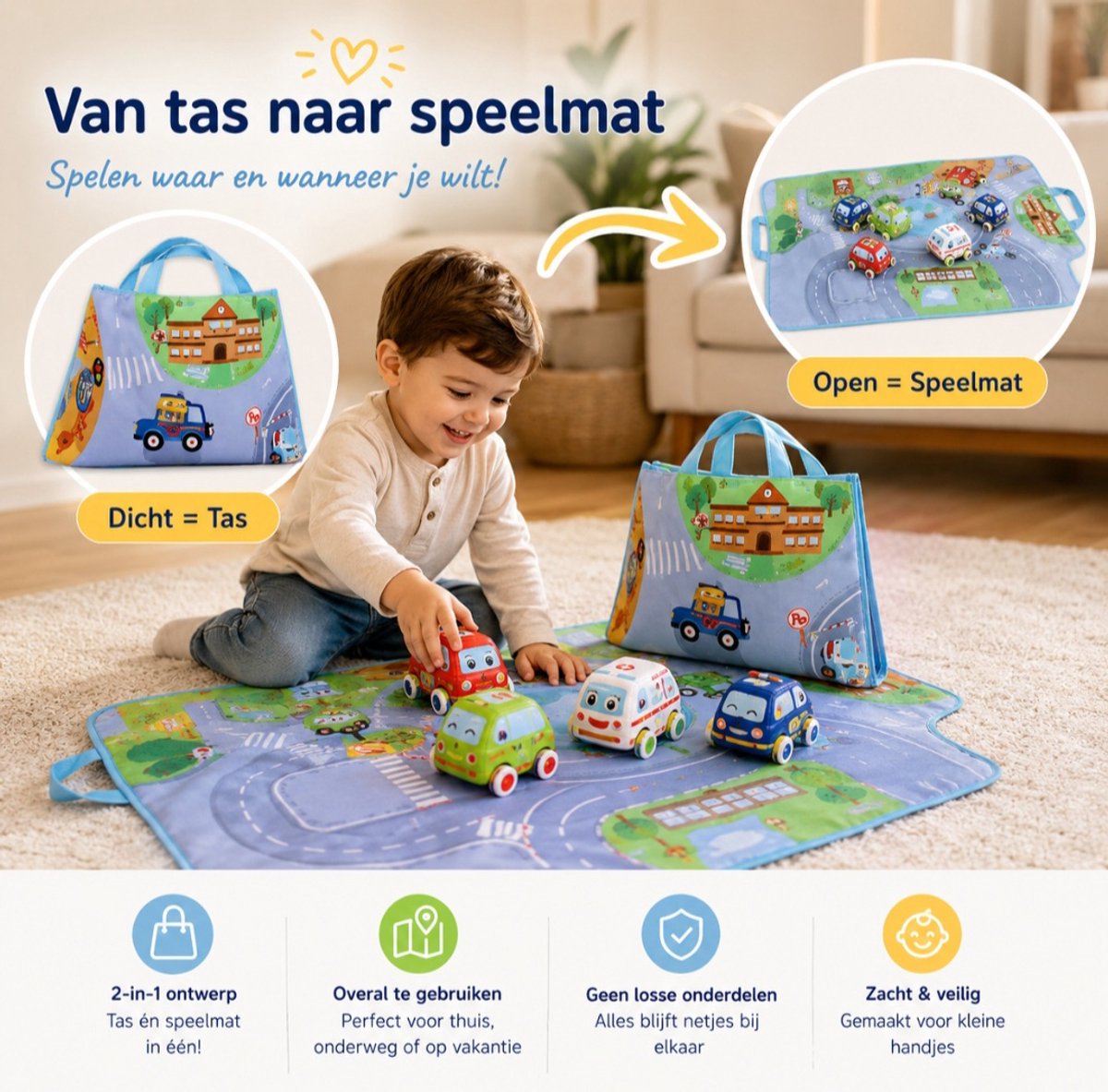 Speelmat Auto's Met Opbergtas - 4 Houten Voertuigen - Speelkleed Auto - Educatief Speelgoed - Cadeau Jongens En Meisjes Vanaf 1 Jaar — afbeelding 2