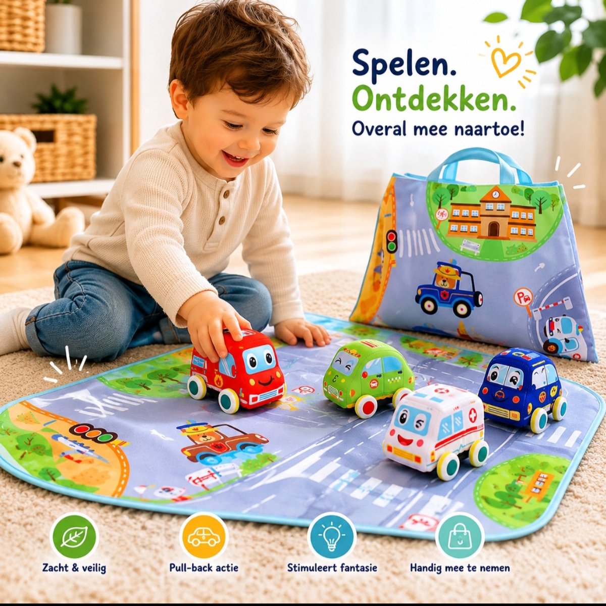 Speelmat Auto's Met Opbergtas - 4 Houten Voertuigen - Speelkleed Auto - Educatief Speelgoed - Cadeau Jongens En Meisjes Vanaf 1 Jaar — afbeelding 5
